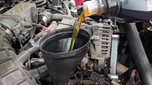 Oil change process in a garage in the afternoon with views of pouring oil into a funnel