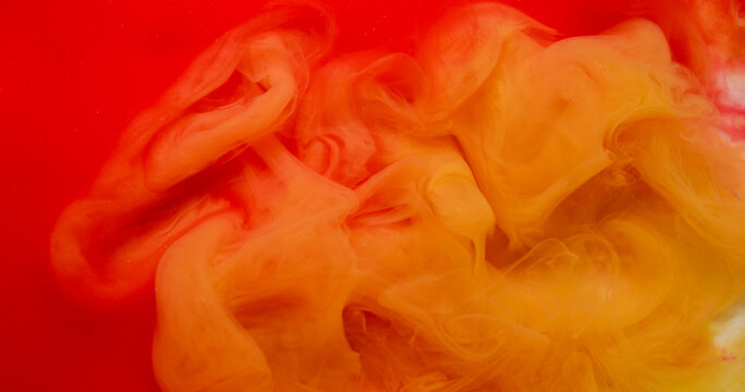 Fume wave. Ink blend. Red orange stream art fluid swirl liquid hot abstract background. Defocused flow spill pigment fantasy cloud.