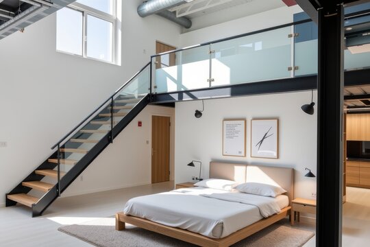 Industrial style bedroom with high ceilings and open space