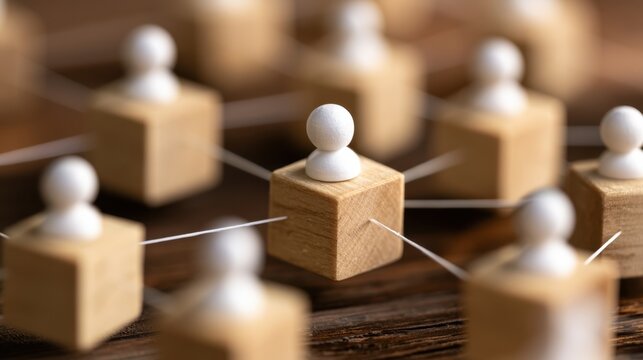 Concept of networking and connection with wooden cubes linked by string and white figurines representing teamwork and collaboration in business strategy