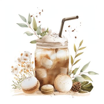 Boho Chic Watercolor Iced Coffee Display - Creative Beverage Art with Organic Stack of Items