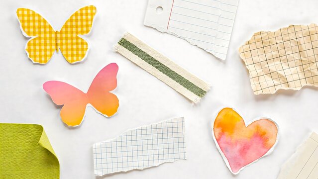 Colorful paper butterfly and heart craft decorations on creative workspace background