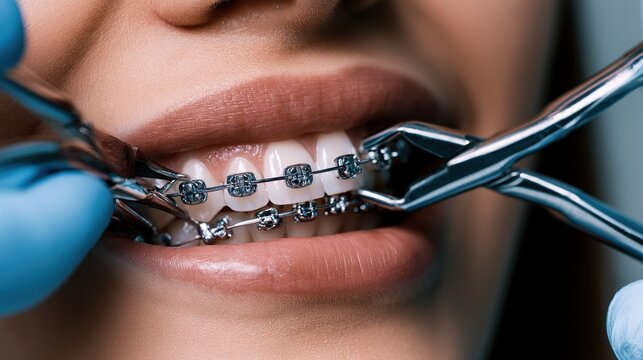 Close up of dental professional adjusting metal braces on healthy teeth of patient with blue gloves during orthodontic treatment session