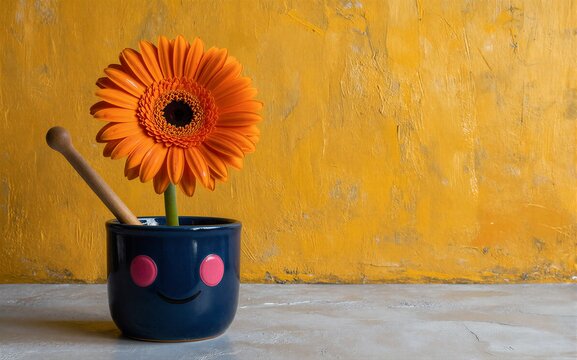Vibrant orange gerbera in smiling blue pot against textured yellow wall.