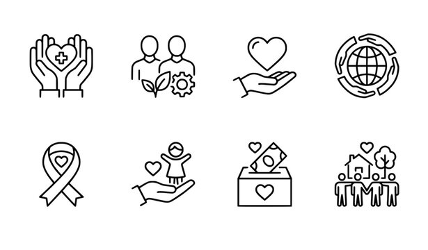 Social awareness and humanitarian thin line icon set editable stroke charity vector