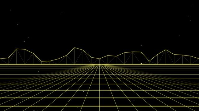 Abstract yellow retro synthwave wireframe landscape with digital grid floor and neon mountain outlines against a black starry sky background for motion graphics and vintage digital themes.