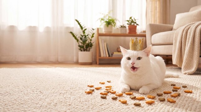 A fluffy white cat in a glittery crown playfully explores salmon crackers and catnip biscuits in a warm living room, great for festive pet product advertising