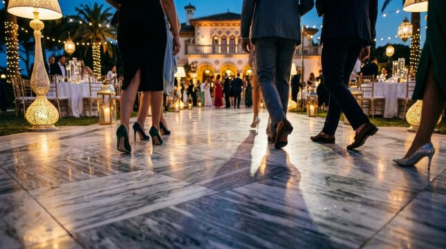 Elegant outdoor evening gala party with guests dancing on marble floor.