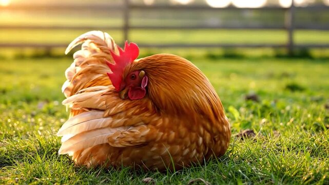 A beautiful brown rooster sits on green grass at sunset