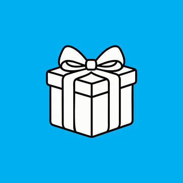 Minimalist Gift Box Icon with Ribbon Bow Line Art on blue background