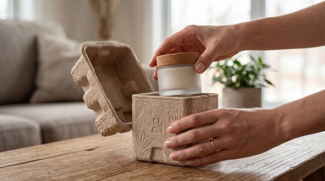 Woman unboxing eco-friendly biodegradable packaging with glass jar and cork lid, sustainable product concept for zero waste lifestyle, natural home decor background, green busin...
