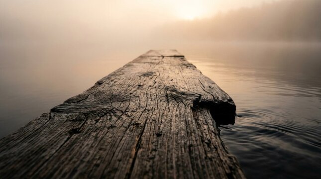 Old wooden pier stretching into calm misty lake during sunrise.