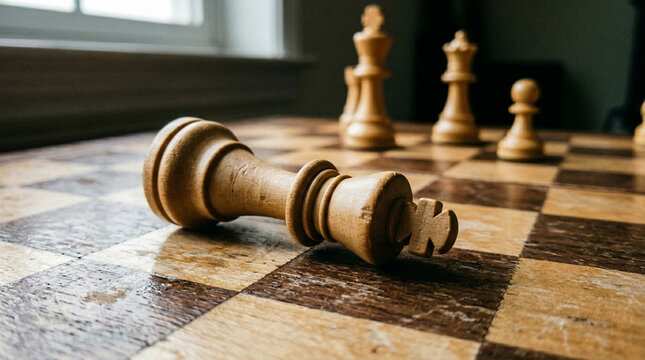 Fallen wooden chess king on checkered board with other pieces in background game