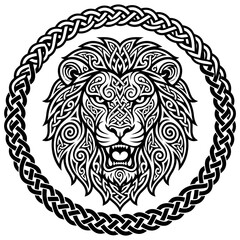 Fototapeta premium Celtic Lion Head Ornament, Heraldic Emblem, Tribal Art, Circle Design