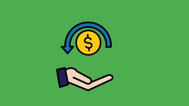 Cashback icon featuring coin, arrow, and open hand. Symbol representing money return, savings, and customer rewards.