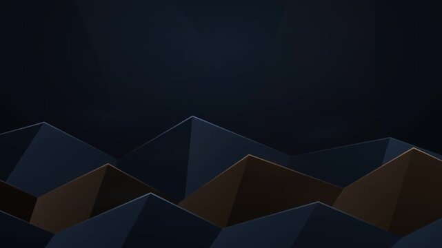Abstract dark low poly geometric peaks moving in a 3D landscape background.