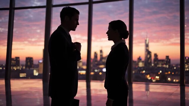 Two officials speaking privately beside a tall glass wall inside a modern government building as the city skyline glows at sunset. Government conversation concept