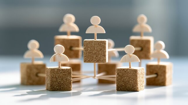 Conceptual wooden figure network connected by sticks standing on cork blocks representing teamwork collaboration business connection organization structure and strategy