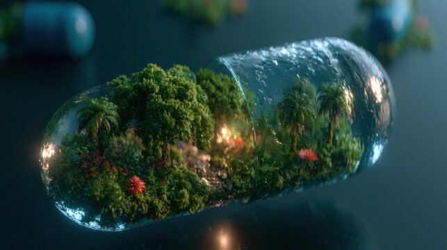 A giant pill opens up to reveal a vibrant garden inside. Light illuminates the plants, creating a unique contrast with the dark background.