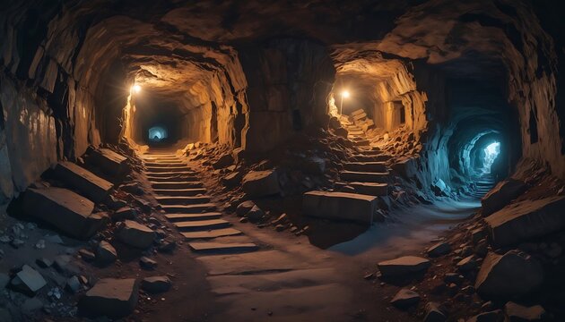  Panoramic view of abandoned mine tunnel entrance leading to dark catacomb. Concept Abandoned Mines, Underground Tunnels, Creepy created with generative ai