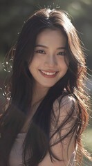Fototapeta premium Young woman with long hair smiling outdoors in natural sunlight.
