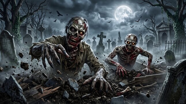 Halloween graveyard scene with two terrifying zombies emerging from graves under a full moon