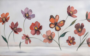 Fototapeta premium Pink blossoms branch with a small bird perched gracefully among them.