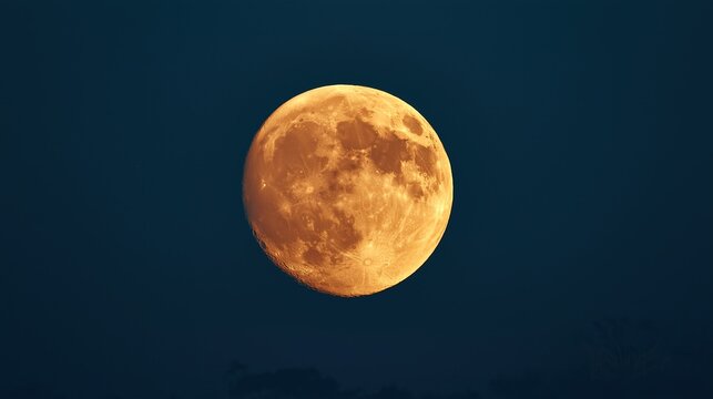 Bright warm golden full super moon with visible surface craters and textures floating against clear deep dark blue night sky