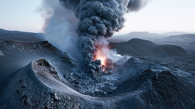 Massive active volcanic eruption with huge thick dark ash cloud exploding from crater over barren rocky volcanic mountain landscape under pale clear daytime sky