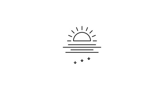 Animated sunset icon with down arrows on white background. 4K Video