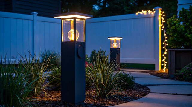 Modern outdoor garden pathway lighting with stylish bollard lamps at night