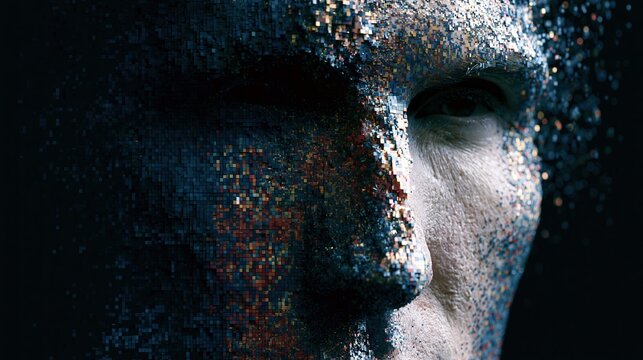 Abstract portrait dissolving into colorful digital pixels representing identity and data.