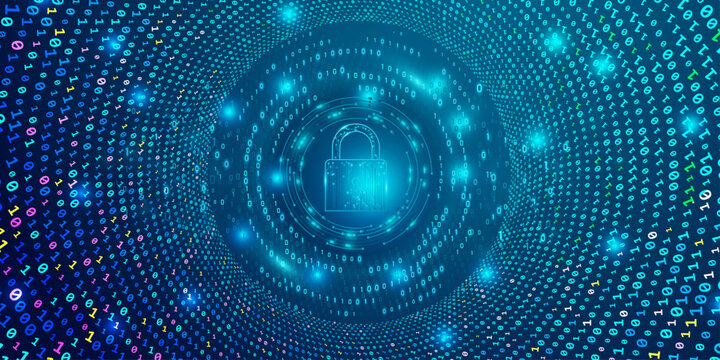 Digital padlock icon surrounded by binary code stream in blue tunnel representing cyber security and data protection concept.