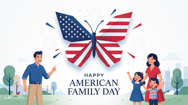 Illustration of a family with two children outdoors, butterfly featuring American flag pattern, text reading 'Happy American Family Day', trees and cityscape background.