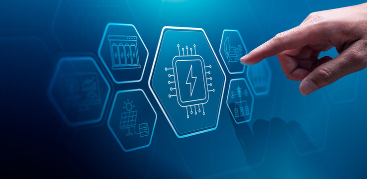 AI data center energy consumption concept with business hand holding digital power chip interface showing server infrastructure electricity usage efficiency and sustainable energy technology
