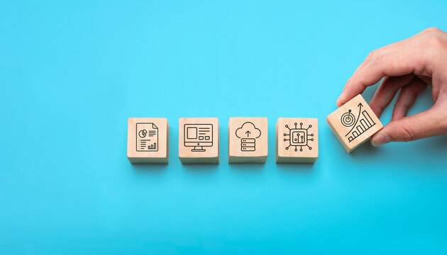 Digital transformation growth concept with wooden blocks showing business report dashboard cloud computing artificial intelligence chip and target chart for technology strategy