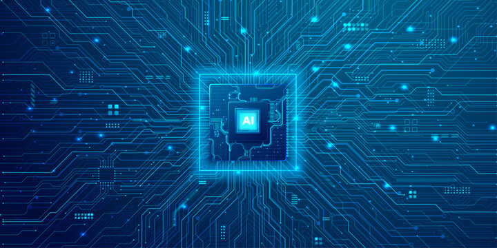 Complex microprocessor architecture with glowing ai text symbol on intricate electronic circuit board for data science.