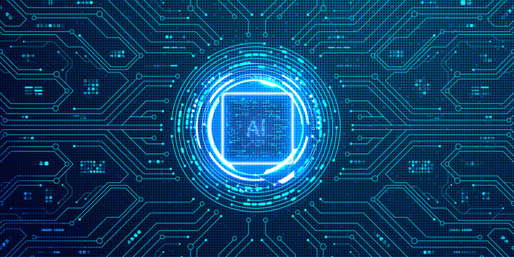 Futuristic interface with ai chip surrounded by circular energy rings and glowing circuit pathways for cybersecurity.
