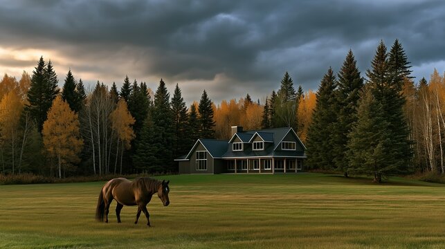 Beautiful autumn rural landscape with modern cabin house surrounded by colorful fall forest and brown horse walking on green grass meadow under moody cloudy sky