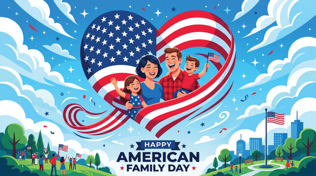 Smiling family of four in front of a heart-shaped American flag, blue sky, cityscape, green park, US flags, and text reading Happy American Family Day.