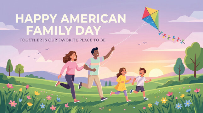 Four people, two adults and two children, hold hands and play in a grassy field with flowers, trees, and a kite under a colorful sky. 'Happy American Family Day' text is visible.