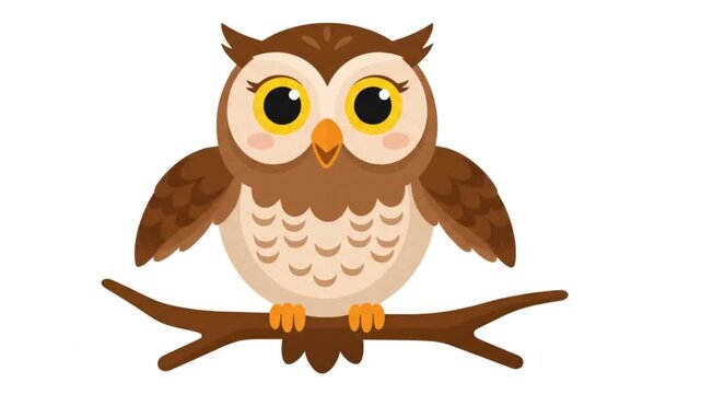 A high-quality 2D vector animation featuring an adorable brown owl character perching on a tree branch. The animation showcases expressive big yellow eyes blinking, subtle head tilts, and gentle wing 