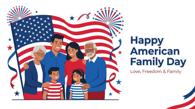 Illustration of a multigenerational family standing together in front of a waving American flag with fireworks, celebrating American Family Day with a festive atmosphere.