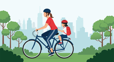 Fototapeta premium Mother and Child Cycling in Park Vector Illustration Design Featuring a Safe Family Outdoor Activity for Healthy City Lifestyle Concept