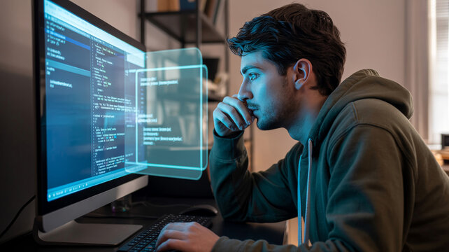 Developer pair-programming with AI assistant, glowing code suggestions on screen