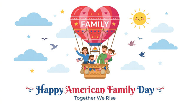 Illustration of family riding heart-shaped hot air balloon with clouds, birds, and sun. Text reads 'Happy American Family Day, Together We Rise.' Bright colors and cheerful theme.