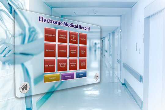 Medical and health background showing electronic medical record on transparent screen of a digital tablet.