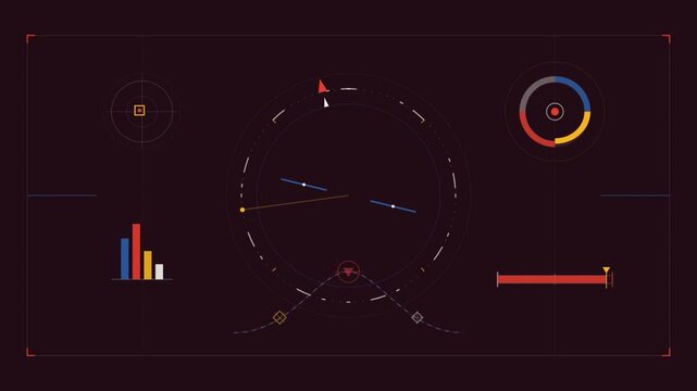 Futuristic animated HUD data interface with circular gauges and charts.