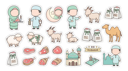 Obraz premium Cute Ramadan & Eid Al Adha Stickers: Muslim Family, Animals, Food, Mosque, Moon