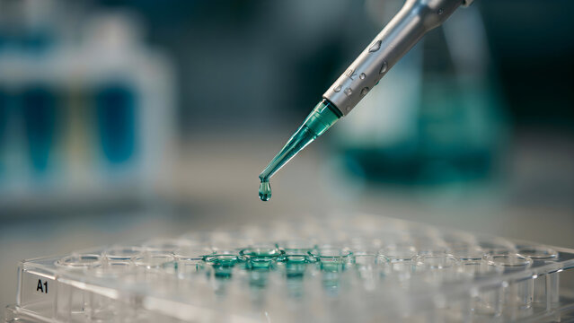 Laboratory pipette dispensing a drop of blue liquid into a multiwell plate for scientific research